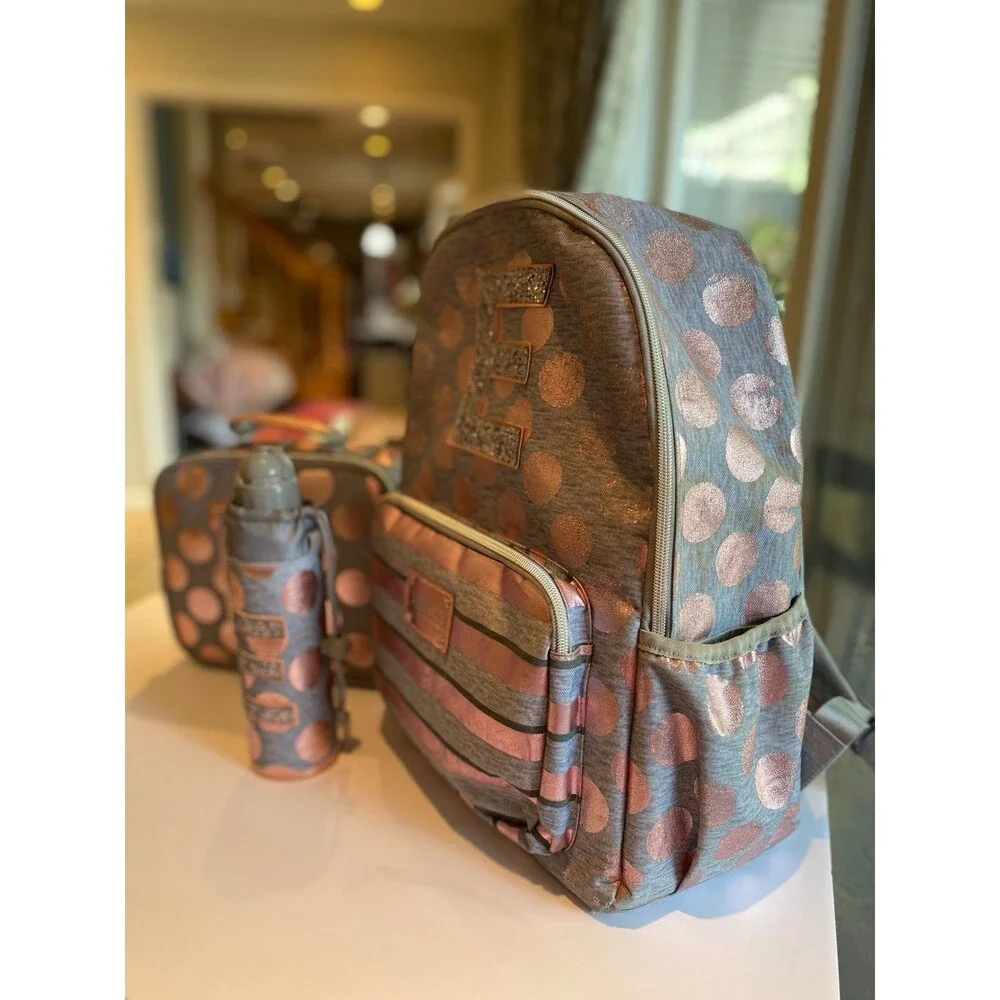 3 Piece Backpack Set: Bag, lunch box & bottle initial“E” Justice full- size
